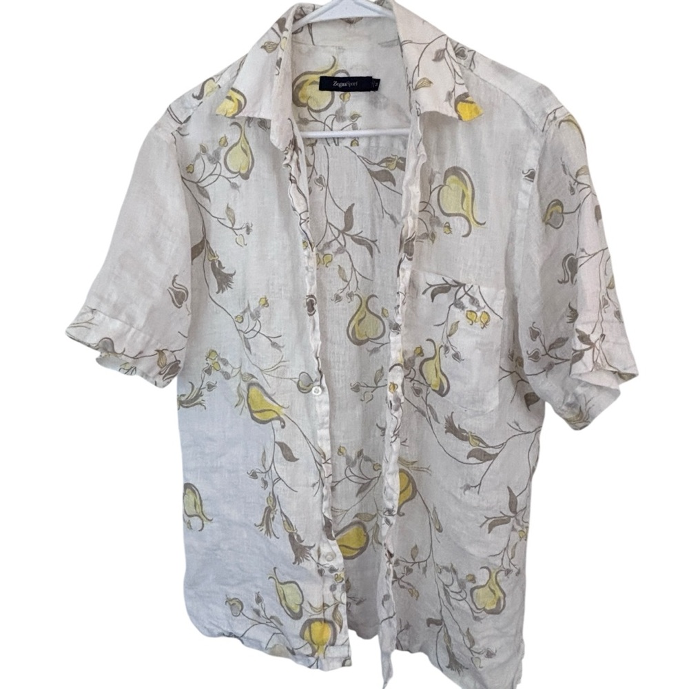 ZegnaSport Men’s Linen Short-Sleeve Printed Shirt — Size M